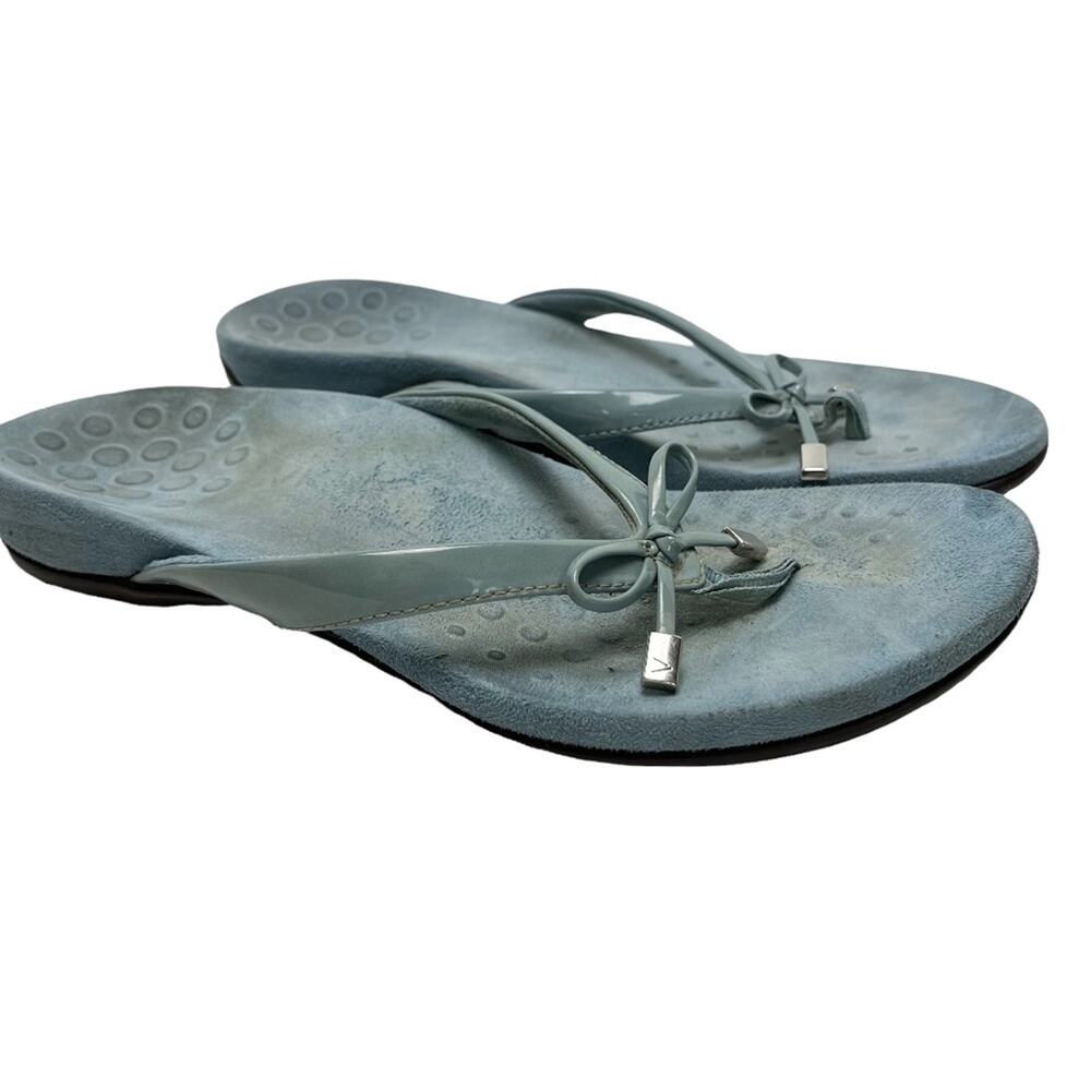 VIONIC Dusty Blue Patent Leather Thongs Flip Flops Slides Sandals Casual Shoes 8
